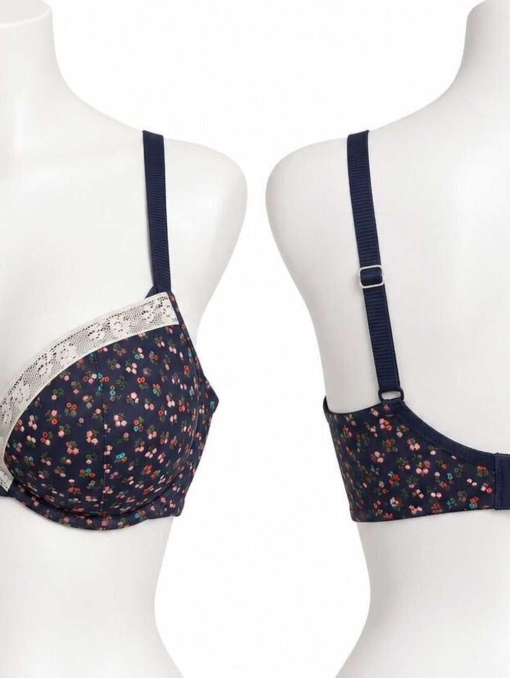 Aerie Ella Gel Navy Floral Push-Up Underwire Bra Ivory Lace - 36C